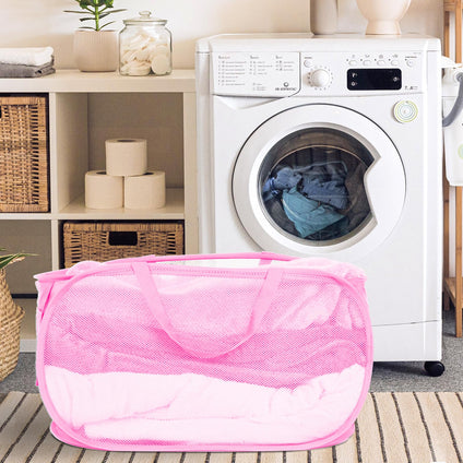 Durable Collapsible Laundry Baskets, Mesh Pop Up Laundry Hamper with Handy Pocket, Foldable Large Space Clothes Hamper with Reinforced Carry Handles for Bathroom, Laundry, Kids Room or Travel Pink
