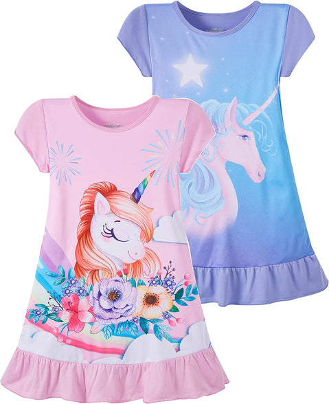 LOLPIP Nightgowns for Girls Dress Kids Nighties Unicorn Night Gown 3-10 Years Short Sleeve