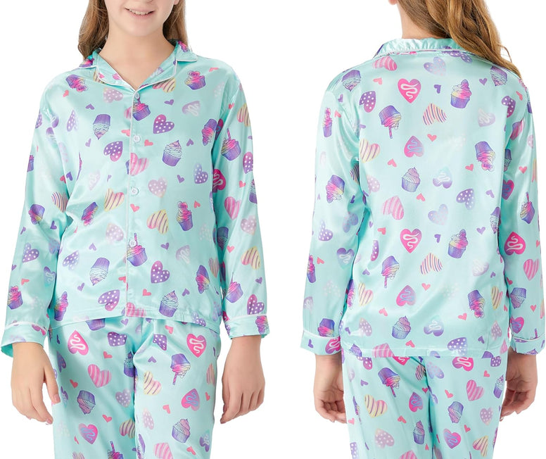 Satin Pajamas for Girls – Coat Style Unicorn Long Sleeve Silk Button Down PJ Set Size 6-16