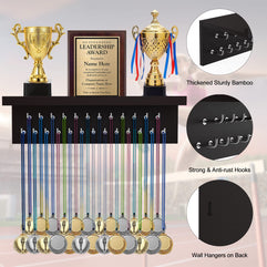 Purbambo Medal Hanger Display, Bamboo Trophy Shelf with 25 Steel Hooks, Wall Mount Ribbon Medals Holder for Gymnastics, Soccer, Running Race Awards