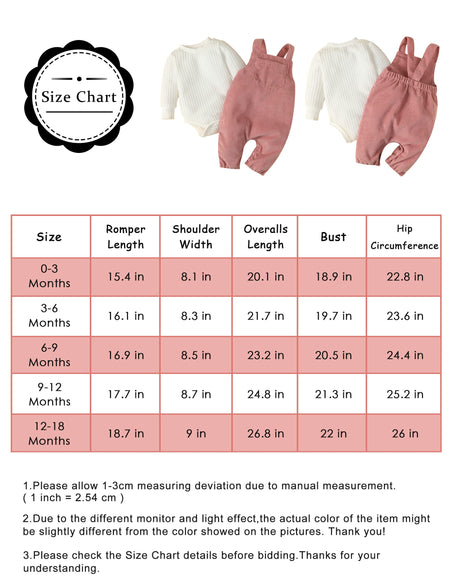 FRLOONY Newborn Baby Girl Clothes Solid Ribbed Long Sleeve Romper + Corduroy Overalls Pants Set Infant Girls Outfits 2Pcs(3-6 M )