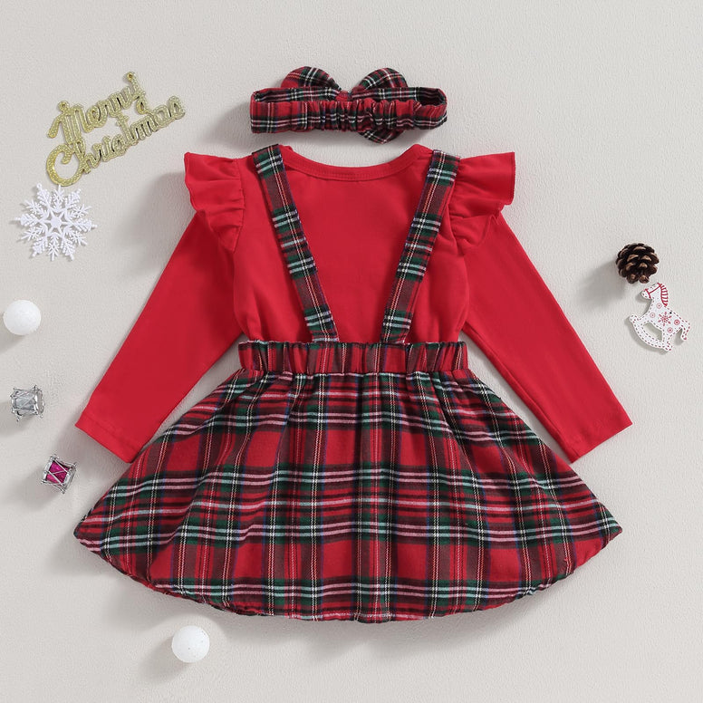 sweetyhouse Baby Girl Christmas Outfit Long Sleeve Romper Onesie Cute Elk Plaid Skirts Sets Headband Winter Clothes