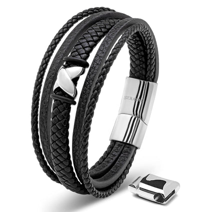 SERASAR | Premium Bracelet [Flake] For Men in Genuine Black Leather | Magnetic Stainless Steel Clasp in Black, Silver and Gold | Exclusive Jewellery Box | Great Gift Idea