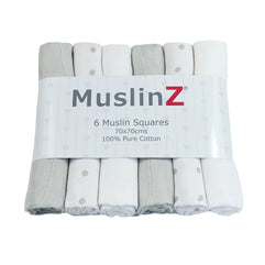 MuslinZ muslin cloths 6 pack 70x70cms 100% pure cotton burp cloths, soft and absorbent for newborns (White/Grey Spot)
