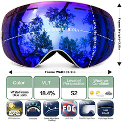 Juli Ski Goggles,Winter Snow Sports Snowboard Goggles with Anti-Fog UV Protection Interchangeable Spherical Dual Lens for Men Women & Youth Snowmobile Skiing Skating Blue