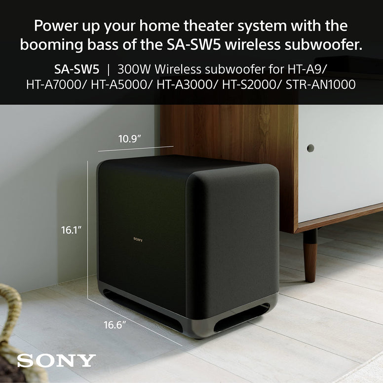 Sony SA-SW5 300W Wireless Subwoofer With Rich Powerful Bass From a 180mm Driver Unit For HT-A9/HT-A7000, Up The Intensity of Your Home Theatre System and Soundbar