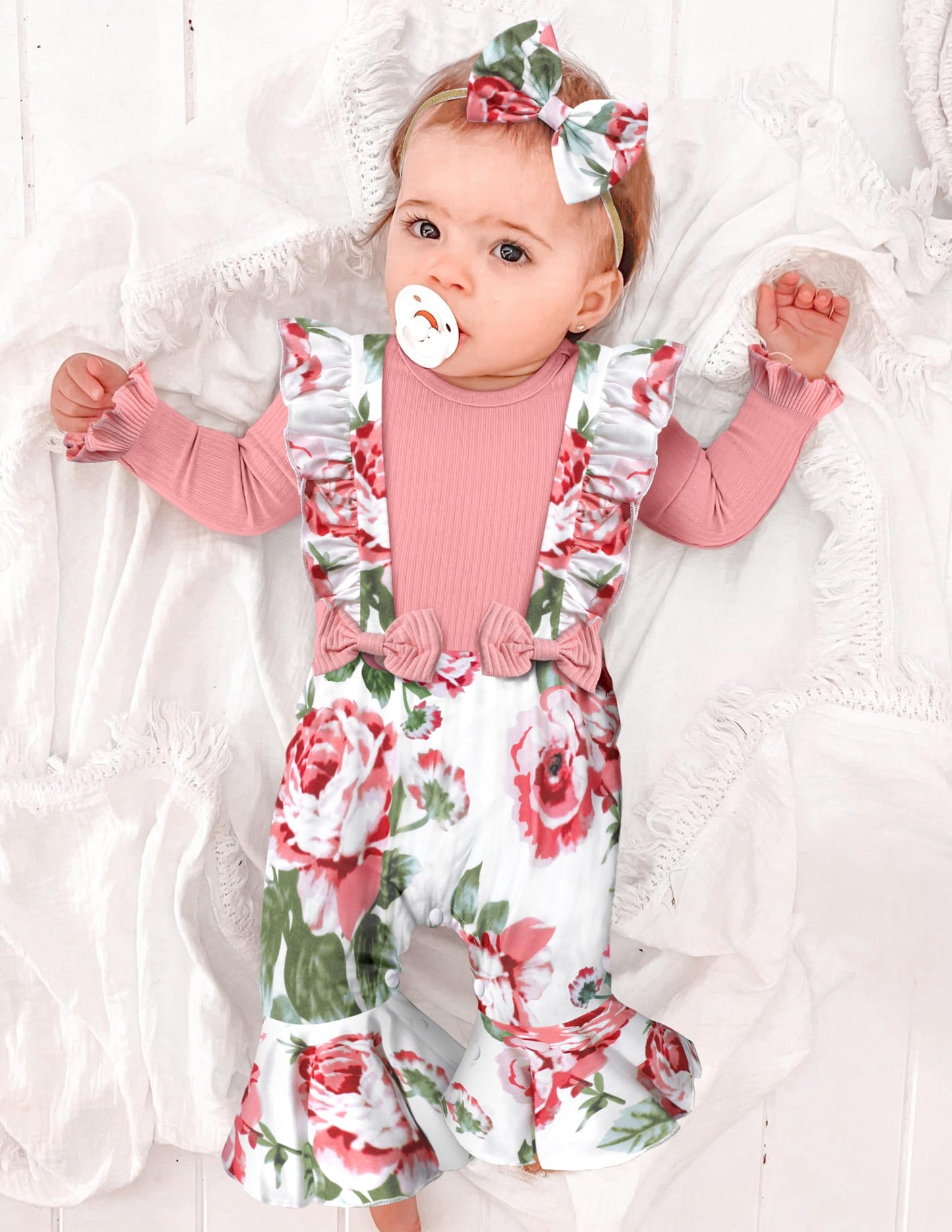 Qaoerde Baby Girl Clothes Long-Sleeved Suspenders Flared Baby Girl Coming Home Outfit Newborn Baby Girl Jumpsuit Romper(3-6 M)