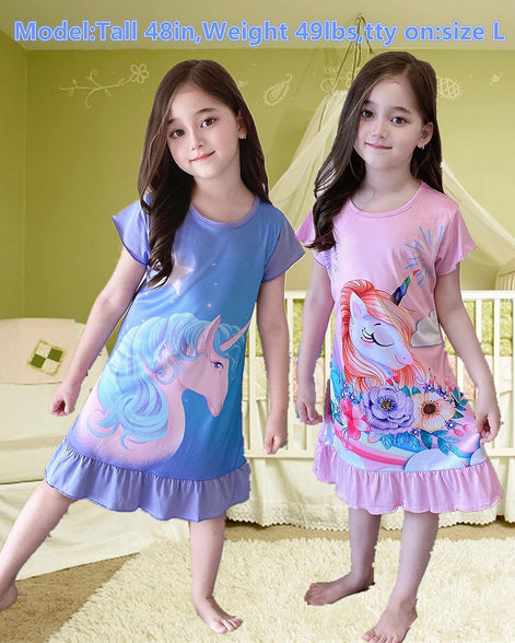 LOLPIP Nightgowns for Girls Dress Kids Nighties Unicorn Night Gown 3-10 Years Short Sleeve