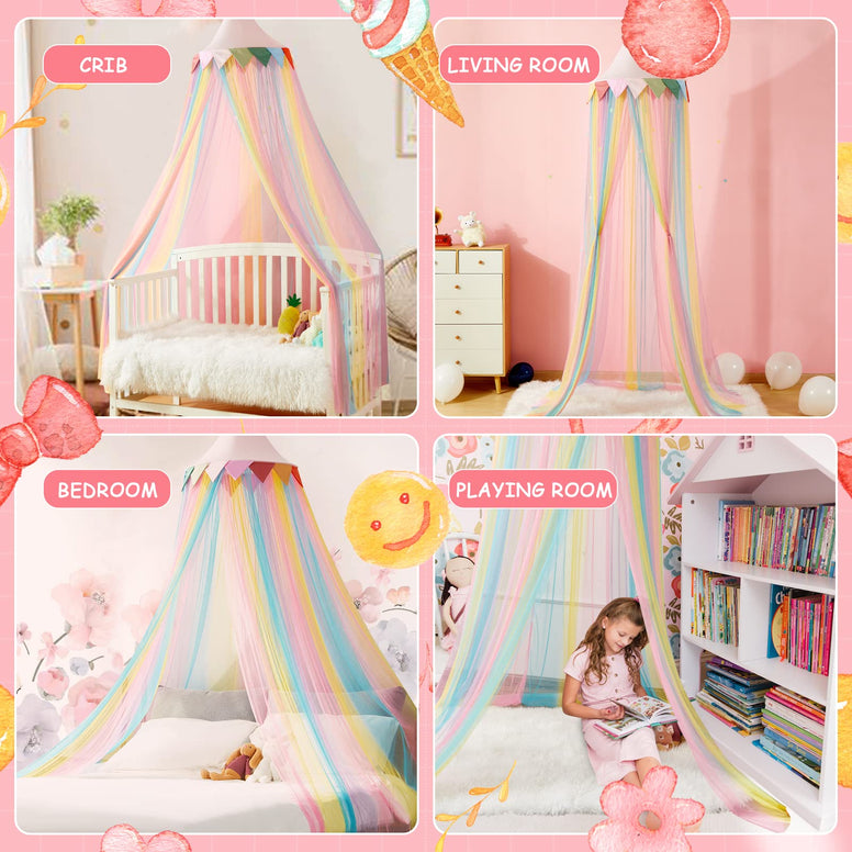 MOOZHEALTH Bed Canopy for Girls Kids Princess Round Dome Dreamy Hanging Net Canopy Rainbow Bright Bed Canopy for Girls Kids Bedroom Decoration Children Reading Nook Play Tent Canopy