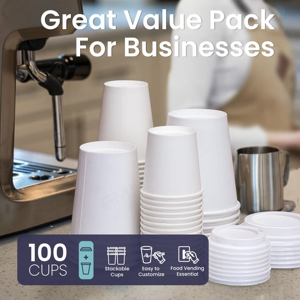 Fit Meal Prep 8 Oz Disposable White Paper Cups with White Lids - On the Go Hot/Cold Beverage All-Purpose Sampling Portion Cup for Coffee, Espresso, Cortado, Water, Juice, Food Grade Safe, 100 Pack