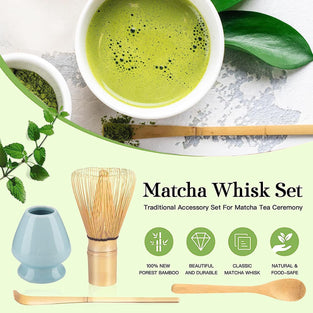 Matcha Whisk Set,U-HOOME 4pcs Japanese Ceremonial Matcha Chasen for Green Tea Powder Matcha Ceremony Accessory,Matcha Whisk (Chasen), Traditional Scoop (Chashaku), Tea Spoon, Whisk Holder (Green)