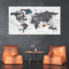 XXL World Map as Pin Board | Travel Destinations and Holidays | Map Made of Elegant Fleece | 130 x 70 cm with 20 Flags