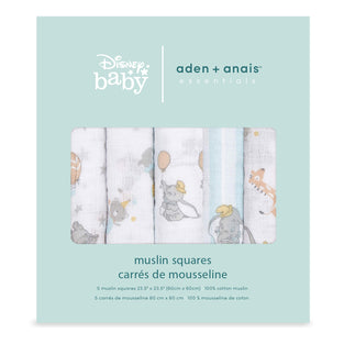 aden + anais essentials Dumbo Musy Squares - 5 Pack | Disney Baby | Large 100% Breathable Muslin Cotton Wrap Set for Infant Girls & Boys | Perfect Baby Shower or Xmas Gifts | Newborn Sleep essentials