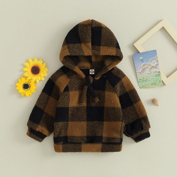 Xiaodriceee Toddler Baby Boy Girl Plaid Hooded Sweater Jacket Long Sleeve Half Zip Sweatshirt Fall Winter Warm Fleece Coat 12-18M
