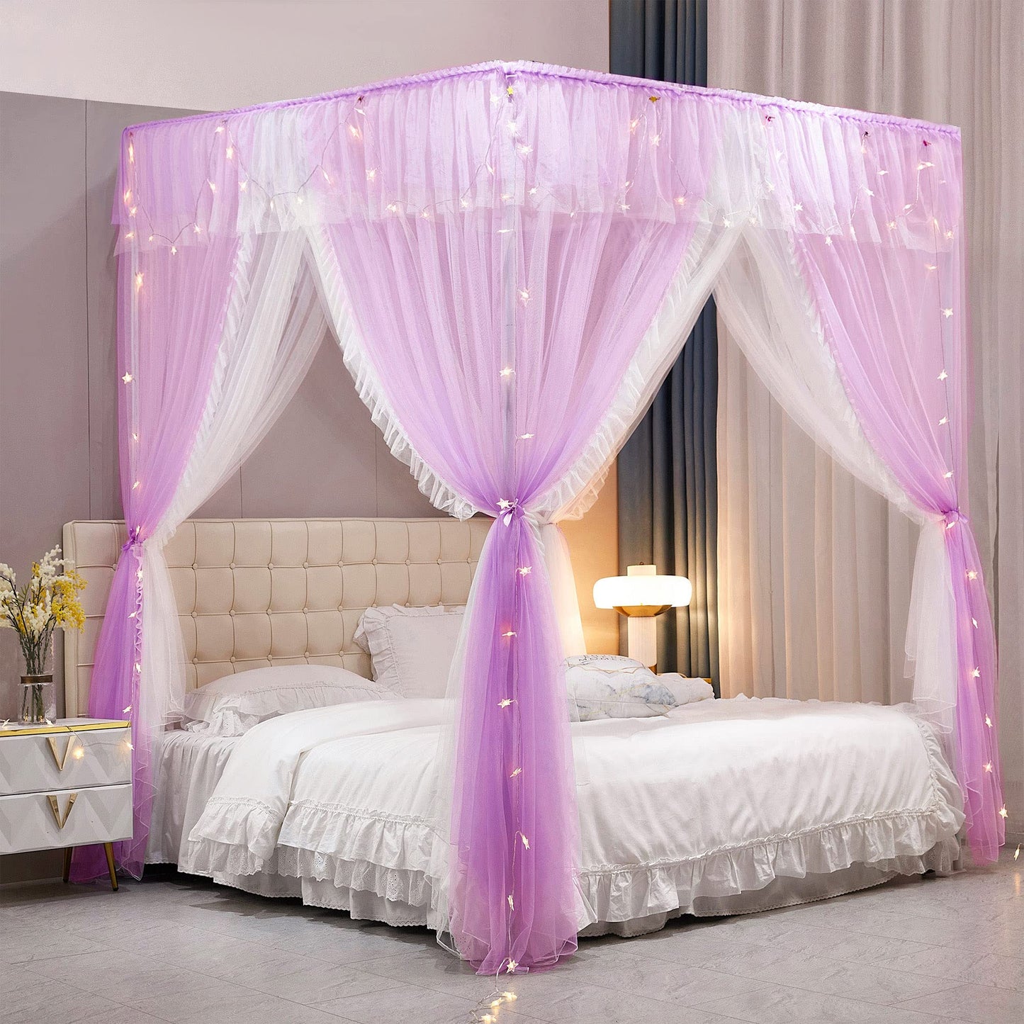 VETHIN 4 Corners Post Ruffle Princess Bed Canopy Curtain-Double Layer Cozy Drape Netting 4 Opening Mosquito Net for Girls Adults Bedroom Decoration (Double-Purple, 59" W*82" L*82"*H/(Queen))
