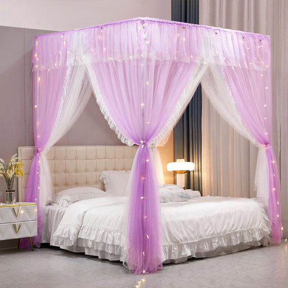 VETHIN 4 Corners Post Ruffle Princess Bed Canopy Curtain-Double Layer Cozy Drape Netting 4 Opening Mosquito Net for Girls Adults Bedroom Decoration (Double-Purple, 59" W*82" L*82"*H/(Queen))