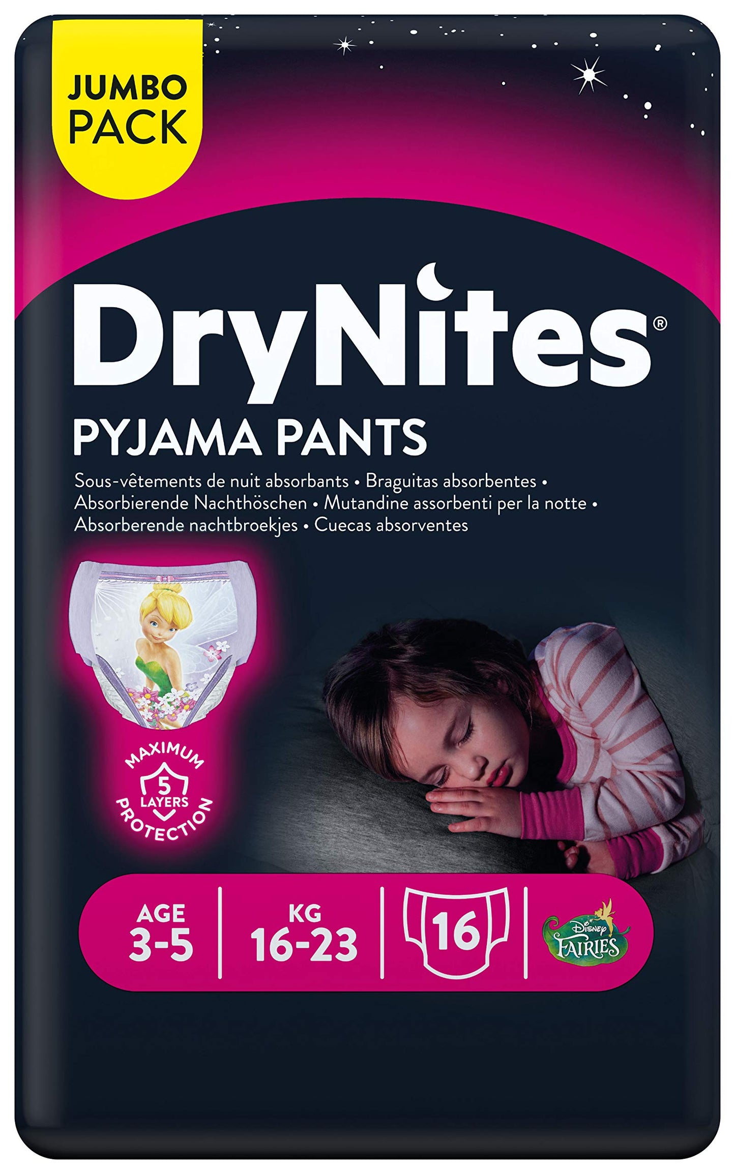 Huggies,DryNites Pyjama Pants for Girls,Pullup Diaper Pants Age 3-5(16-23kg),Jumbo Pack of 16 Premium Night Pants,Maximum Absorbency,Stretchy Sides for Comfortable Fit,Marvel Characters Design