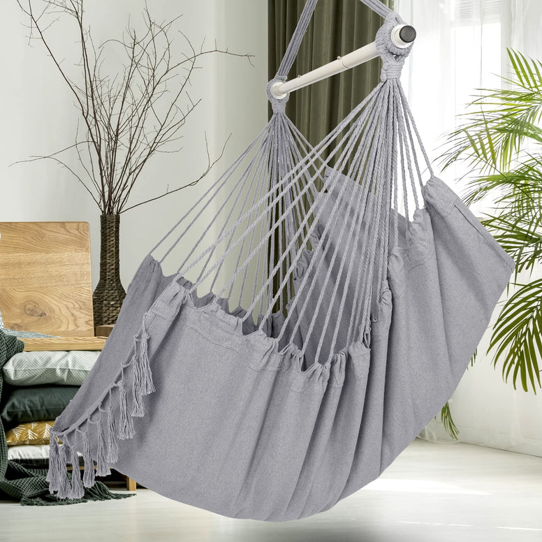Y- STOP Hammock Chair Hanging Rope Swing, Max 330 Lbs, 2 Cushions Included-Large Macrame Hanging Chair with Pocket for Superior Comfort,Durability (Light Grey)