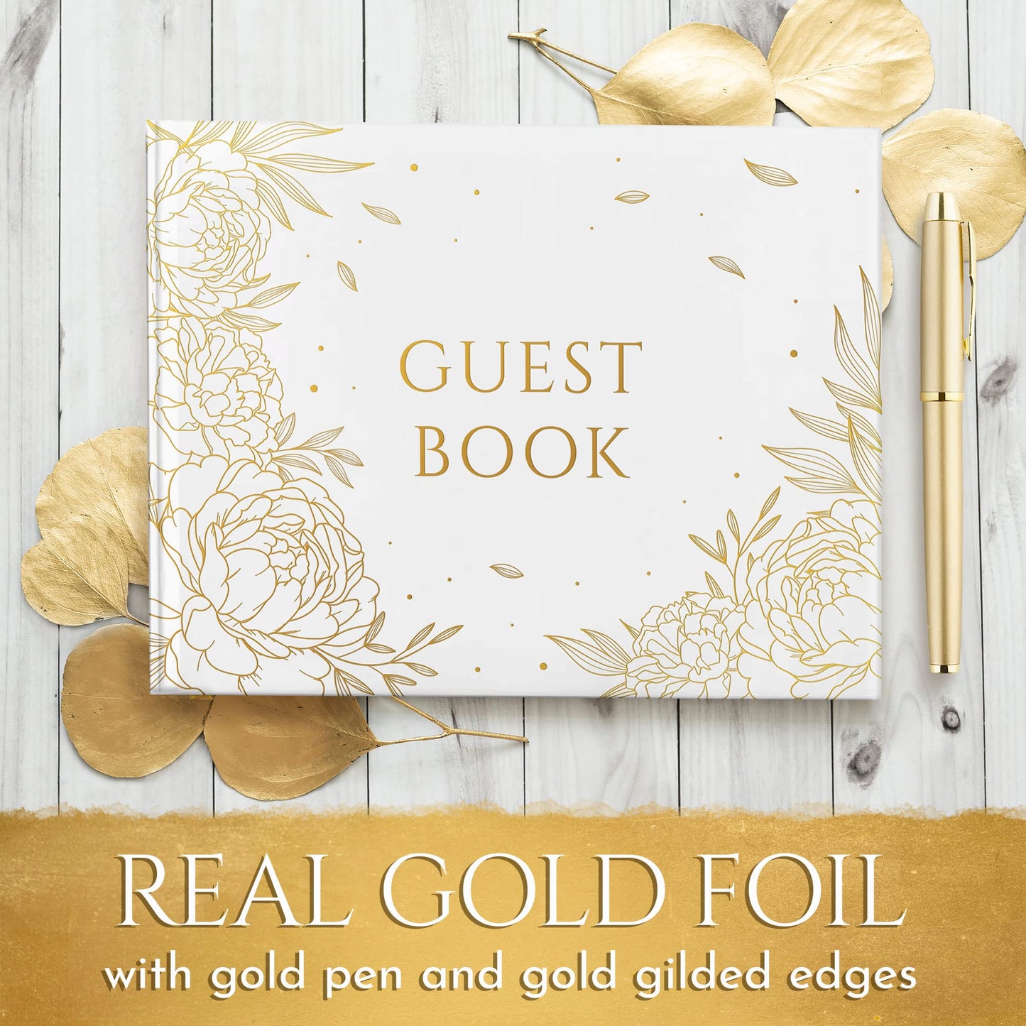 Gold Floral Wedding Guest Book, Wedding Guestbook with Pen, Guest Book Wedding Gold Hot Foil Stamping, Bridal Shower Guest Book Gold Paper Edge, Wedding Guestbook Alternative, Guestbook Wedding