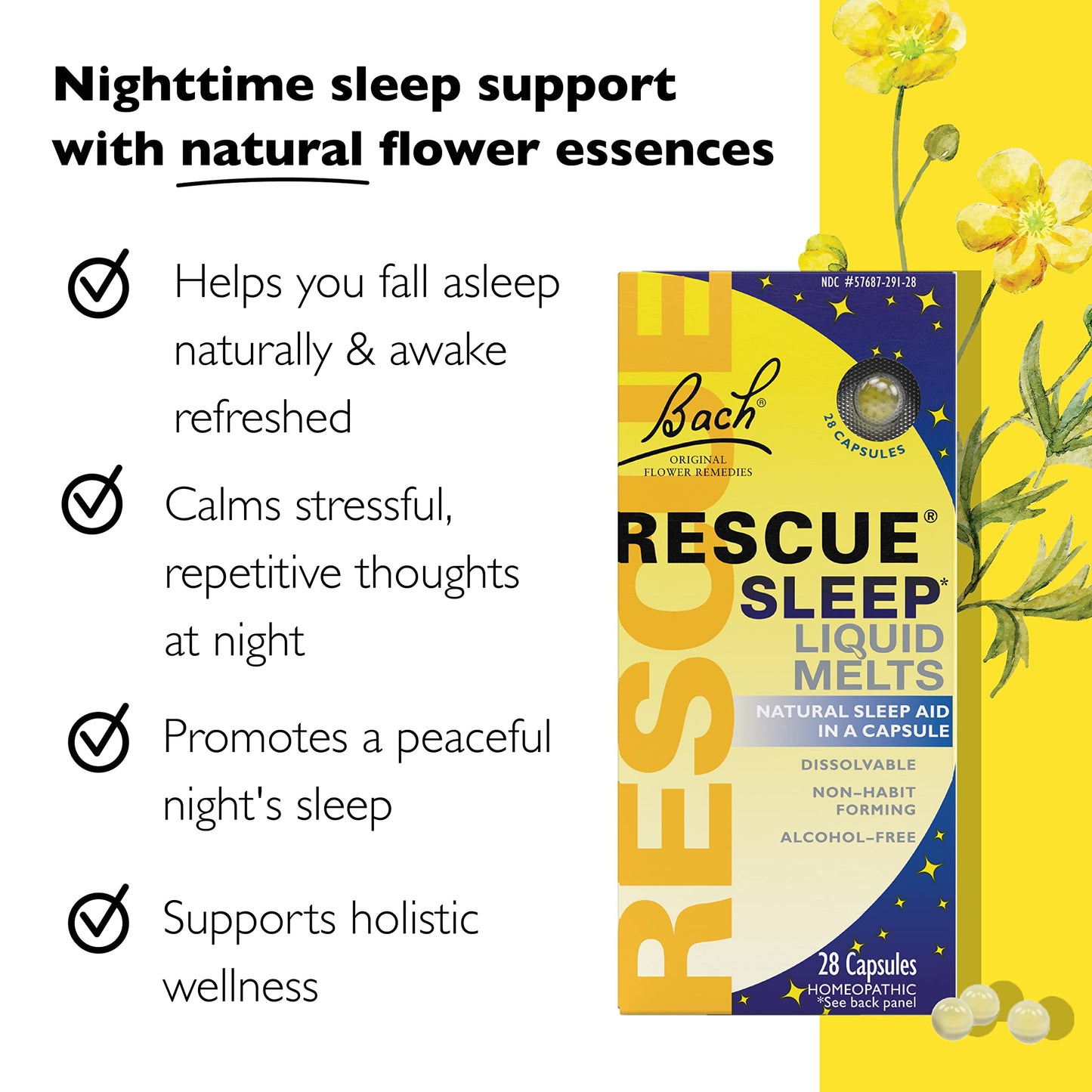 Bach RESCUE SLEEP Liquid Melts, Natural Orange Vanilla Flavor, Natural Sleep Aid, Stress Relief, Homeopathic Flower Remedy, Melatonin Free, Gluten and Sugar-Free, Non-alcohol, Non-Narcotic, 28 Count