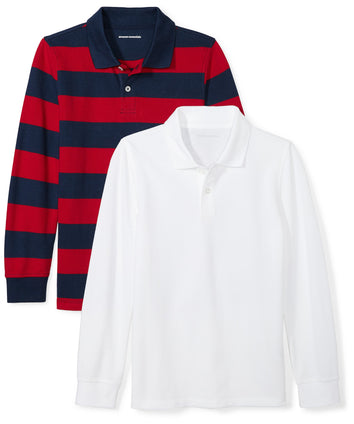 Boys' Uniform Long-Sleeve Pique Polo Shirt, Pack of 2, Red/Navy/White, Rugby/Stripe, Small