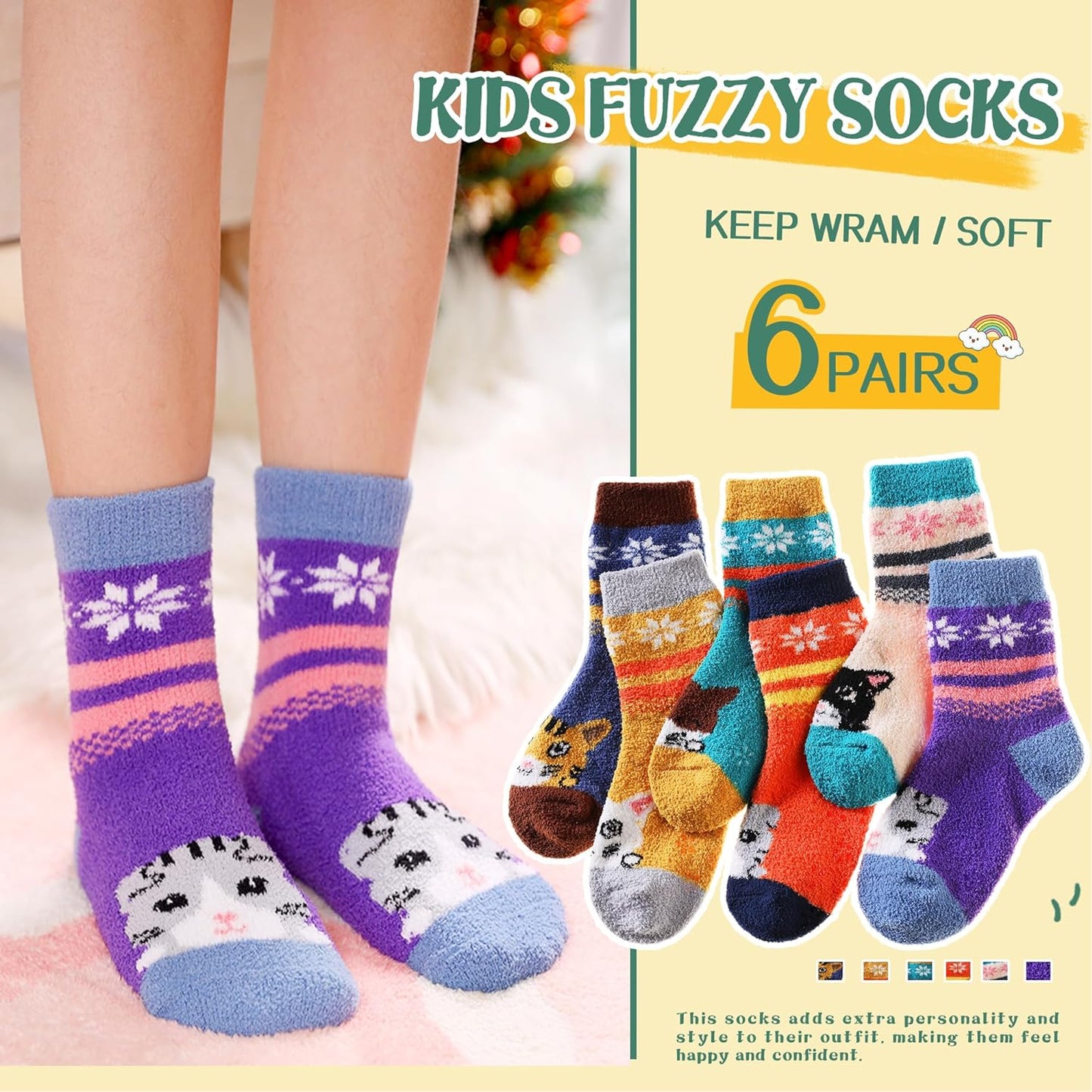 Kids Fuzzy Slipper Grip Socks Boys Girls Non Slip Winter Thick Fluffy Warm Soft Plush Thermal Crew Socks 6 Pairs