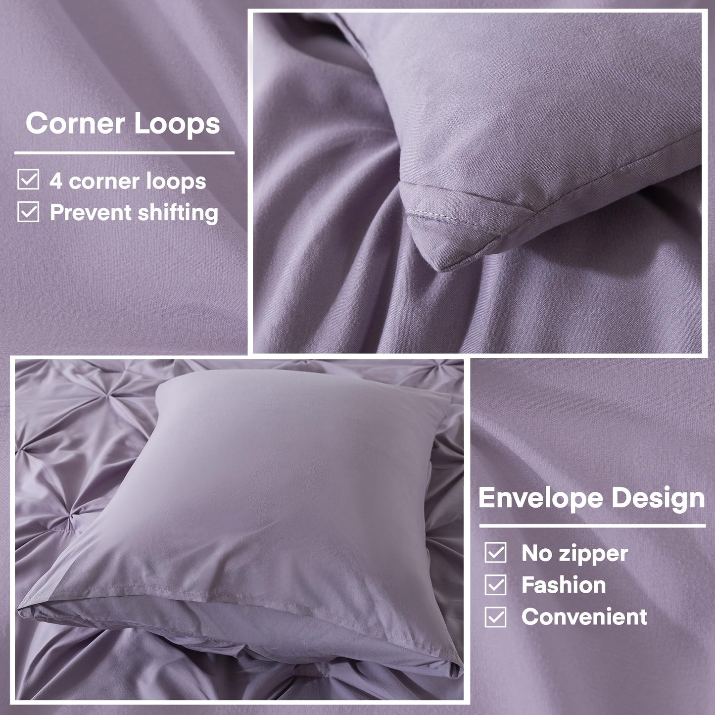 Andency Grayish Purple Pinch Pleated Comforter Queen(90x90Inch), 3 Pieces Pintuck Soft Microfiber Down Alternative Lightweight Comforter Bedding Set(1 Pintuck Comforter and 2 Pillowcases)