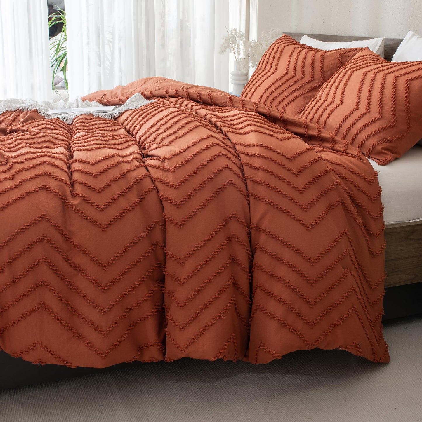 Andency Burnt Orange Comforter for Queen Size Bed, 3 Pieces Terracotta Boho Fall Chevron Bedding Comforter Set (1 Tufted Comforter & 2 Pillowcases), Lightweight Rust Microfiber Bed Set for All Seaon