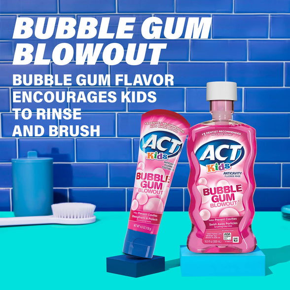 ACT Kids Anticavity Fluoride Rinse Bubble Gum Blowout 16.9 fl. oz. Accurate Dosing Cup, Alcohol Free