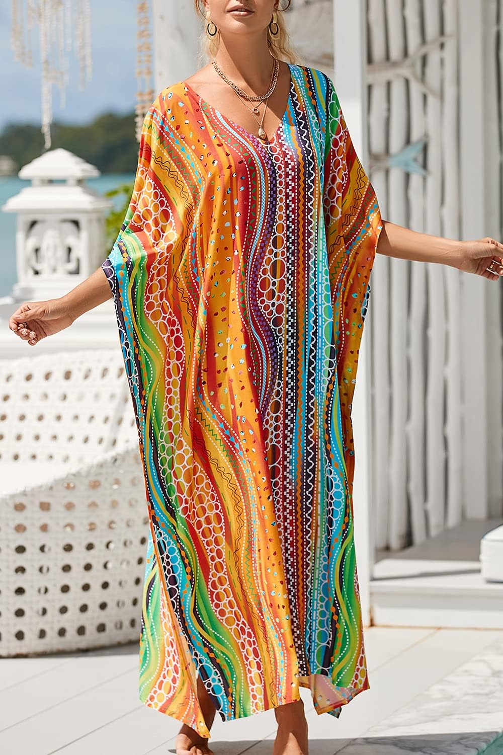 YouKD Maxi Dress V-Neck Kaftan Boho Robes Beach Cover-ups Dress Roomy Gowns for Women