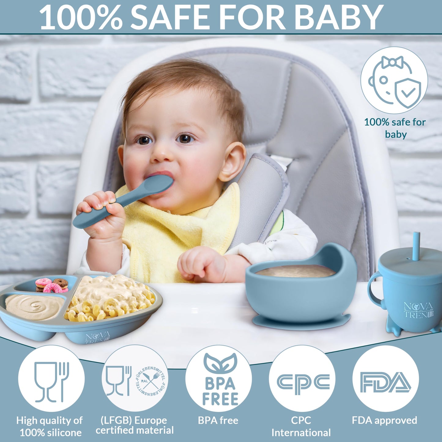 10 PCS Baby Feeding Set - Baby Led Weaning Utensils Set Includes Suction Bowl | Plate | Baby Spoon and Fork | Sippy Cup with Straw and Lid - Baby Feeding Supplies Set (Blue)