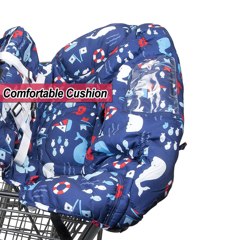 2-in-1 Shopping Cart and High Chair Cover for Baby~Padded~Fold'n Roll Style~Portable with Free Carry Bag (Blue Whale)