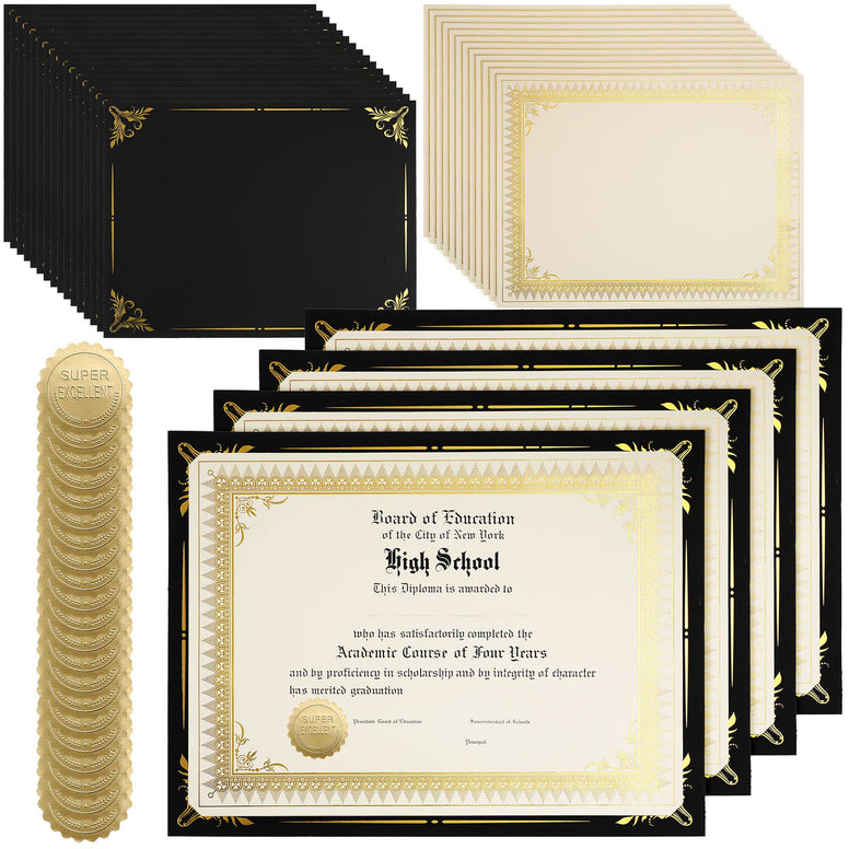 Fainne 50 Sets Certificate Kit Includes 50 Pcs 9.5 x 12 Inch Certificate Holders 50 Pcs Letter Size Certificate Papers 50 Pcs Gold Foil Award Seals Diploma Covers for Appreciation (Black)