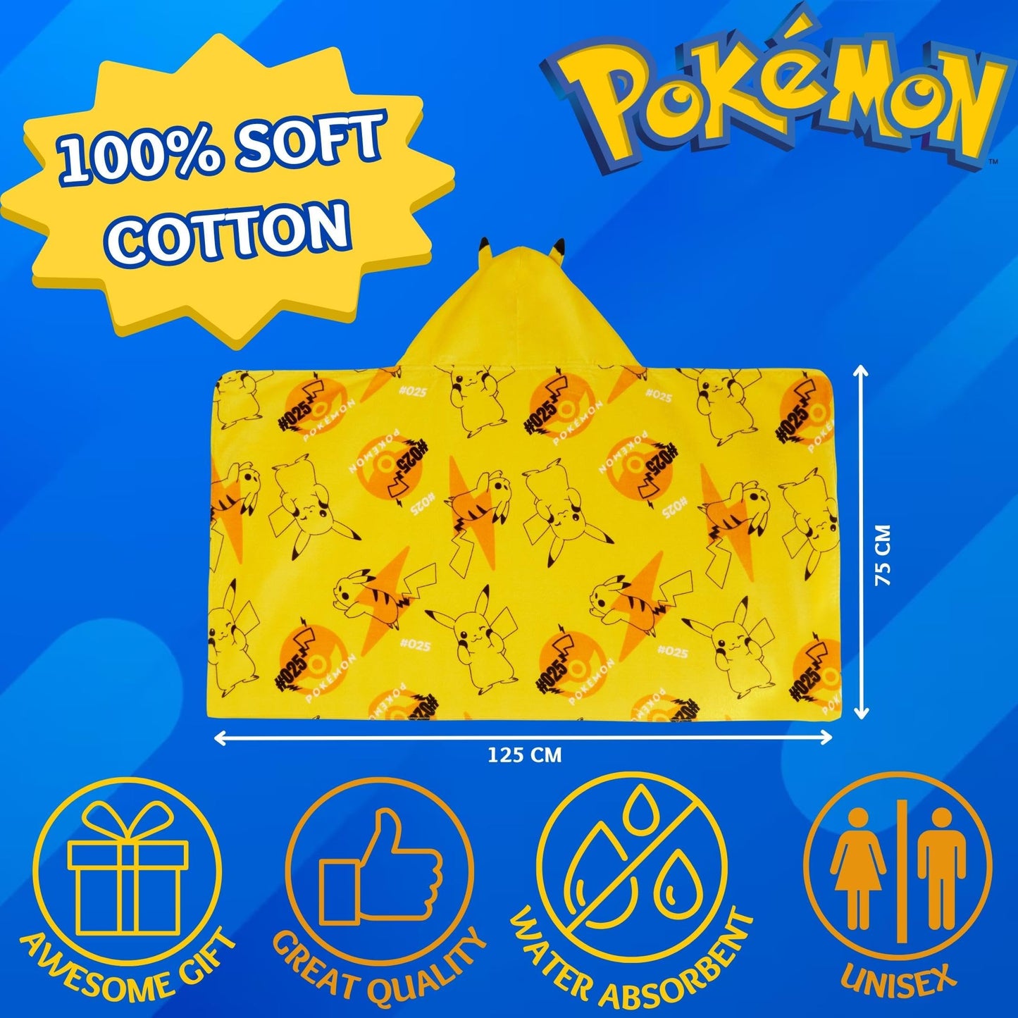 Pikachu Hooded Towel 100% Cotton Kids 3D Ears Dress Up Pikachu Poncho Beach Bath Towel Swimming Wrap