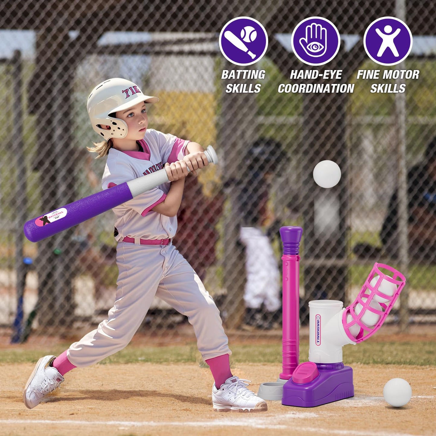 HYES 2 in 1 T Ball Sets for Kids 3-5, Tee Ball Set with Step on Pitching Machine/Adjustable Batting Tee/Retractable Baseball Bat/6 Balls, Outdoor Sport Toy Games for Girls Toddlers, Purple