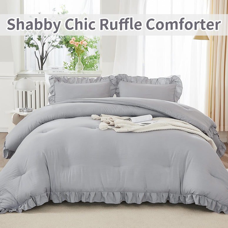 Andency Silver Gray Comforter Set King, 3 Pieces Farmhouse Shabby Chic Ruffle Comforter, Lightweight Fluffy Soft Microfiber All Season Solid Bed Comforter Set (1 Ruffle Comforter & 2 Pillowcases)