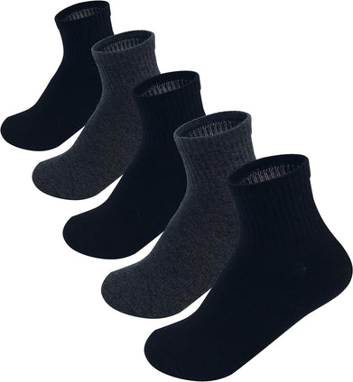 Boys & Girls Unisex Grey-Black Short Crew Comfort Welt - School - Sports Socks 5 Pairs Pack