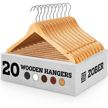 Zober Wooden Hangers 20 Pack - Non Slip Wood Clothes Hanger for Suits, Pants, Jackets w/Bar & Cut Notches - Heavy Duty Clothing Hanger Set - Coat Hangers for Closet - Natural