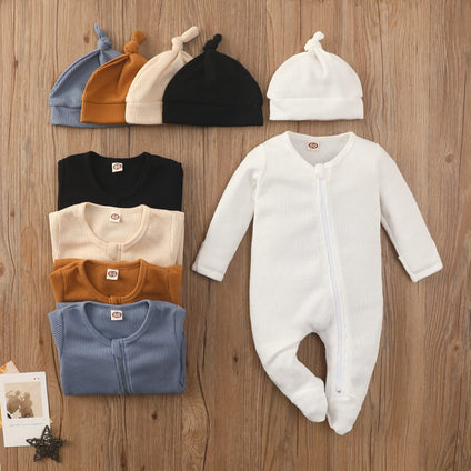Unisex Newborn Infant Baby Boy Girl Footie Romper Solid Waffle Knit Side Zipper Jumpsuit Coverall Clothes Set 2-Packs 3-6M