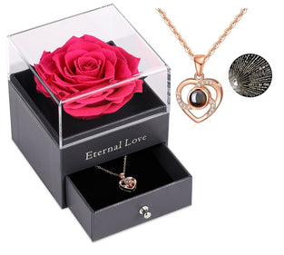 Tiaronics Real Preserved Hot Pink Rose - Eternal Rose Gift Box with Rose Necklace, Handmade Fresh Rose Gift for Her on Birthday,Christmas,Mother's Day,Valentine's Day (Hot Pink)