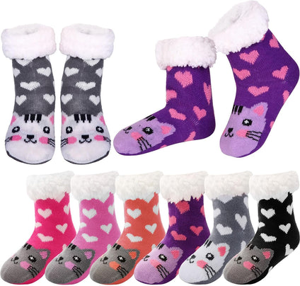 Suhine 6 Pairs Fuzzy Slipper Socks for Kids Warm Soft Boys Girls Fluffy Socks with Non Slip Grippers Animal Kids Fuzzy Socks Cute Winter Socks for Boys Girls