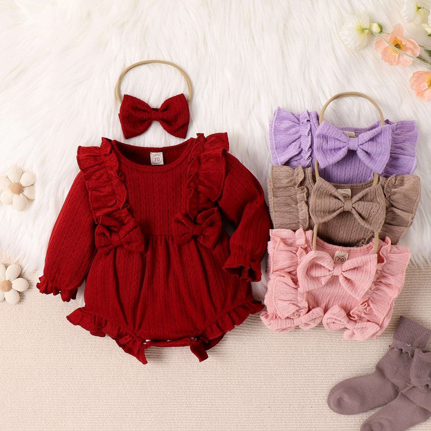 Douhoow Infant Baby Girl Romper Baby Sweatshirt Romper Long Sleeve Pleated Festival Clothes Baby Fall Outfits with Headband