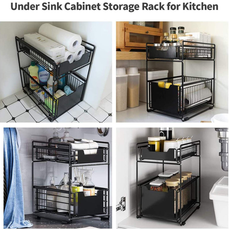 U-HOOME Spice Rack Organizer for Countertop, 2 Tier Metal Drawer Seasoning Shelf Storage for Cabinet, Sliding Basket Under Sink Organizer for Kitchen, Pantry,Bathroom,Office (Black)