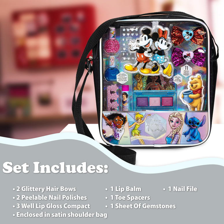 Disney 100 Makeup Filled Drawstring Backpack with Mirror includes Lip Gloss, Nail Polish, Hair Bow & more! for Girls, Ideal for Ages 3-6 perfect for Parties & Makeovers