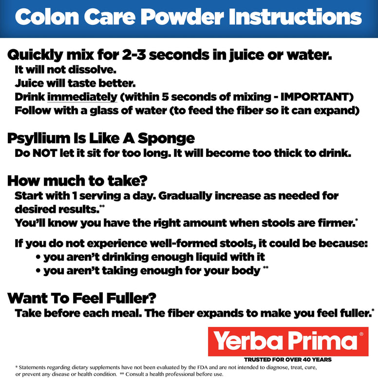 Yerba Prima Prebiotic Colon Care Formula Fiber Powder, 12 Ounce