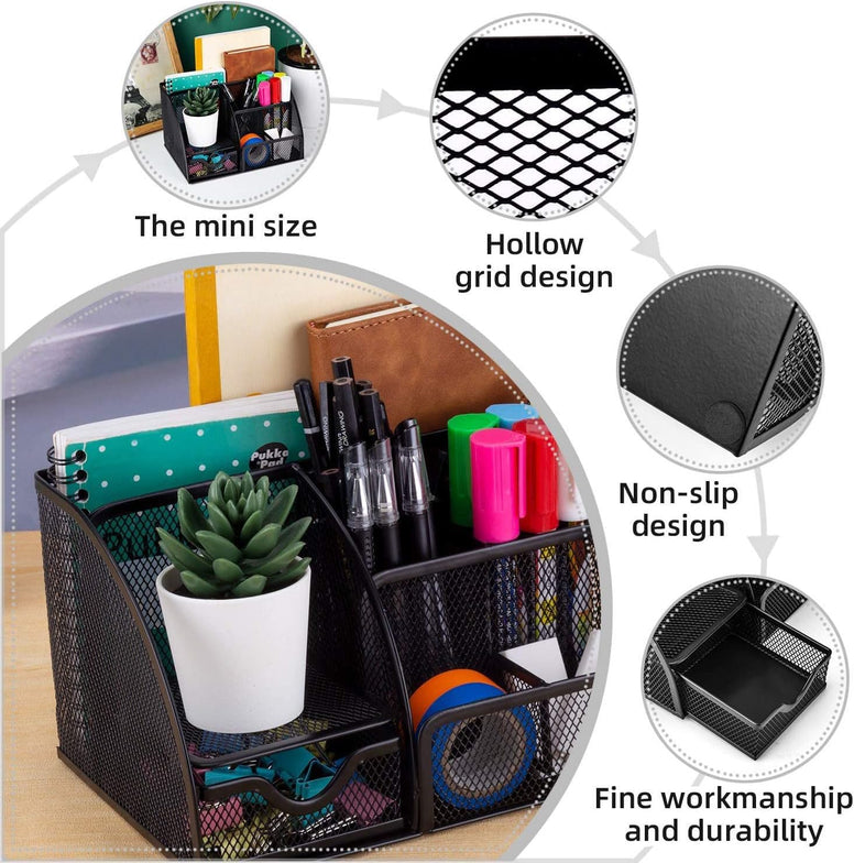 CLOUDFOUR Mesh Desk Organizer Office Supplies Multi-Functional Caddy Pen Holder Stationery Organizer for Office, Home, School, Classroom (6 Compartments and 1 Drawer)