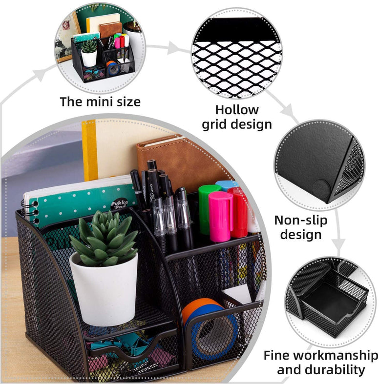 CLOUDFOUR Mesh Desk Organizer Office Supplies Multi-Functional Caddy Pen Holder Stationery Organizer for Office, Home, School, Classroom (6 Compartments and 1 Drawer)