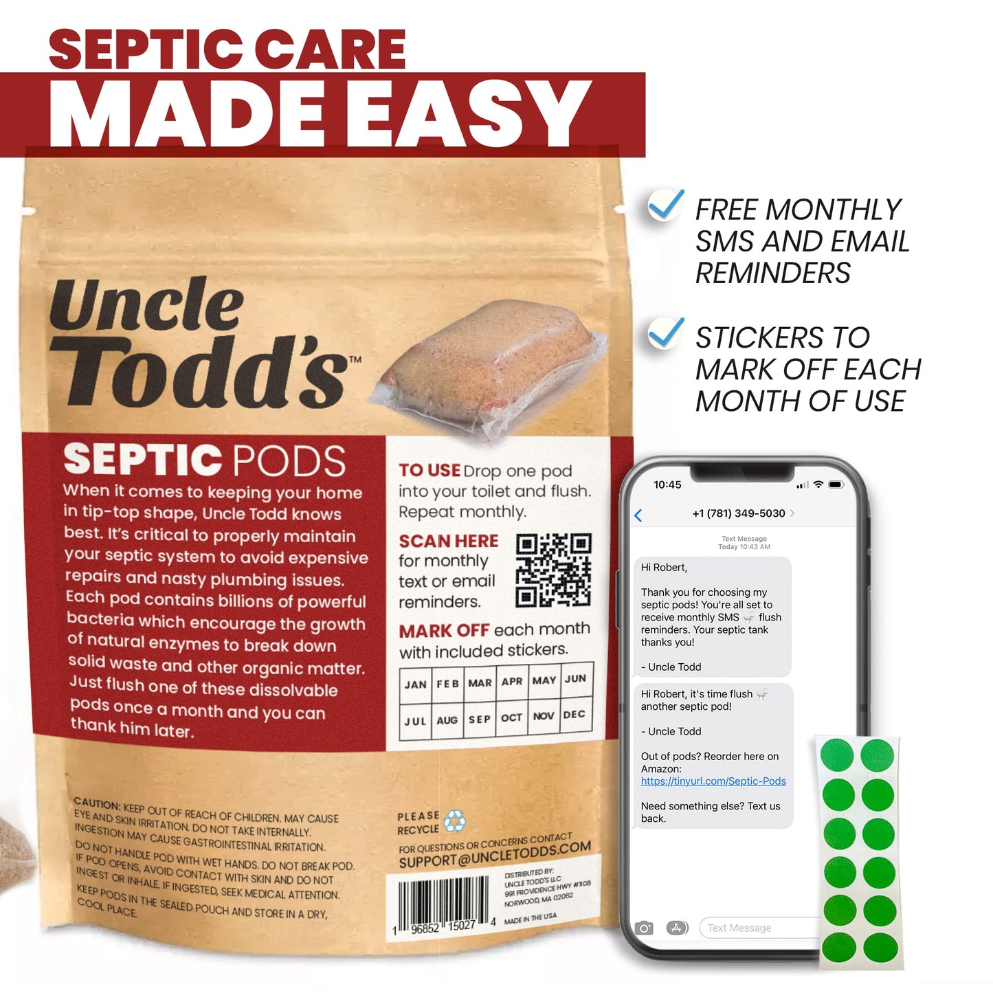 Uncle Todd's Septic Pods - Septic Tank Treament - 12 Count One Year Supply - One Flush per Month - Eco-Friendly and Powerful Solution for Septic Systems