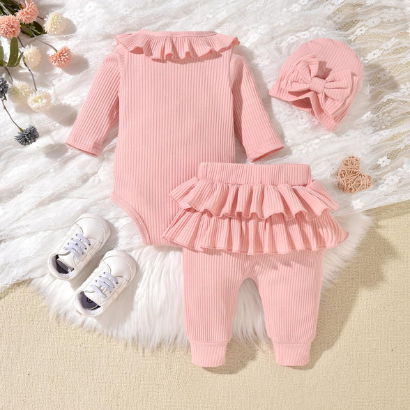 fioukiay Preemie Newborn Baby Girl Clothes Infant Girl Solid Ribbed Outfits Ruffle Romper and Pants 3PC Clothing Sets 3-6 Months