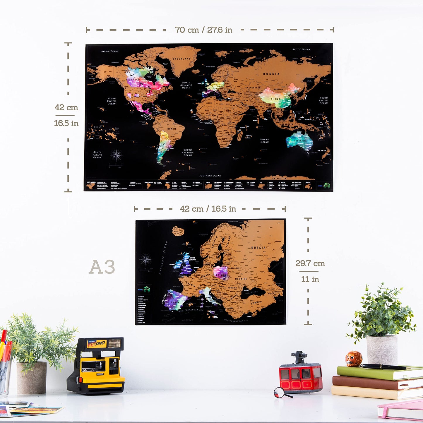 Scratch Off World Map Poster + BONUS Europe Map - Detailed travel maps in Nebula Watercolour - with Accessories Kit and Gift Tube